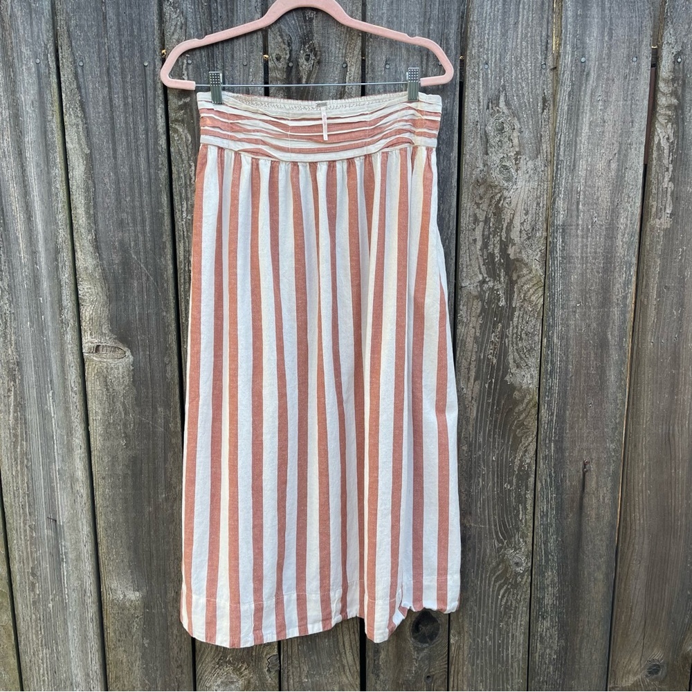 Free People Canyon Cotton Linen Blend Striped Midi Skirt Pockets Cottagecore | L - Picture 2 of 16